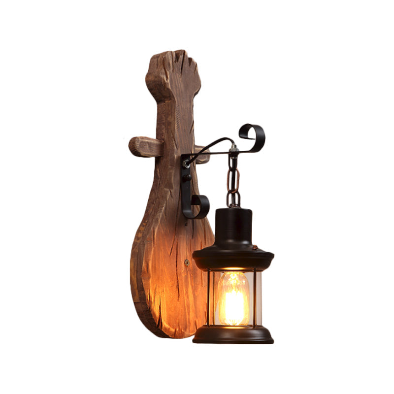 Lisslune | 1-Light Lantern Wall Light Kit Landscape Brown Clear Glass Wall Pendant Lamp with Rectangular/Semi-Circular Wood Backplate