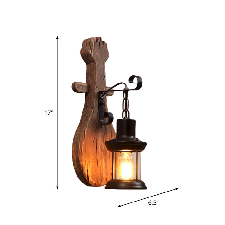 Lisslune | 1-Light Lantern Wall Light Kit Landscape Brown Clear Glass Wall Pendant Lamp with Rectangular/Semi-Circular Wood Backplate