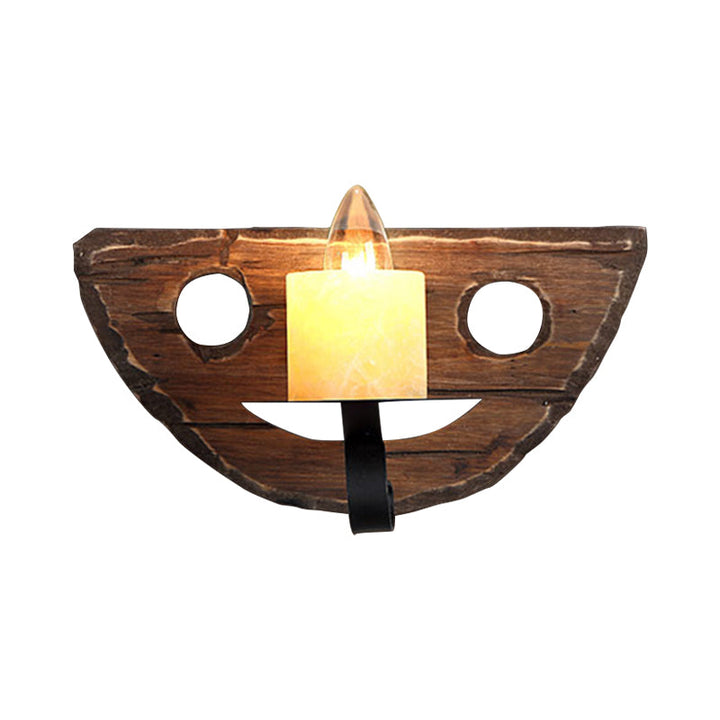 Lisslune | 1-Light Lantern Wall Light Kit Landscape Brown Clear Glass Wall Pendant Lamp with Rectangular/Semi-Circular Wood Backplate