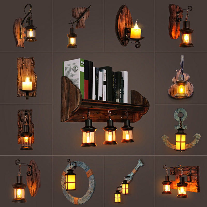 Lisslune | Oval/Fish-shaped Wooden Wall Sconce Light Rustic 1 Head Kitchen Wall-mounted Lamp with Candle/Lantern in Brown