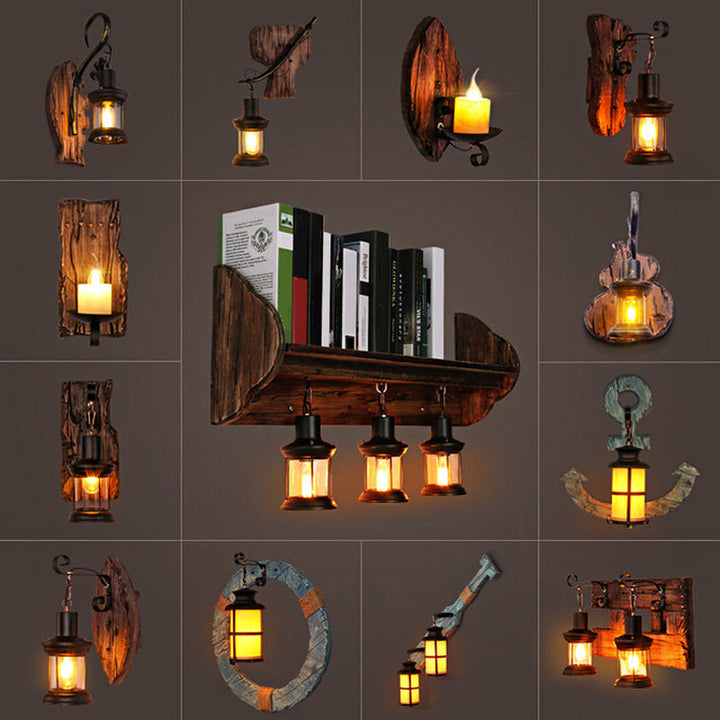 Lisslune | Oval/Fish-shaped Wooden Wall Sconce Light Rustic 1 Head Kitchen Wall-mounted Lamp with Candle/Lantern in Brown