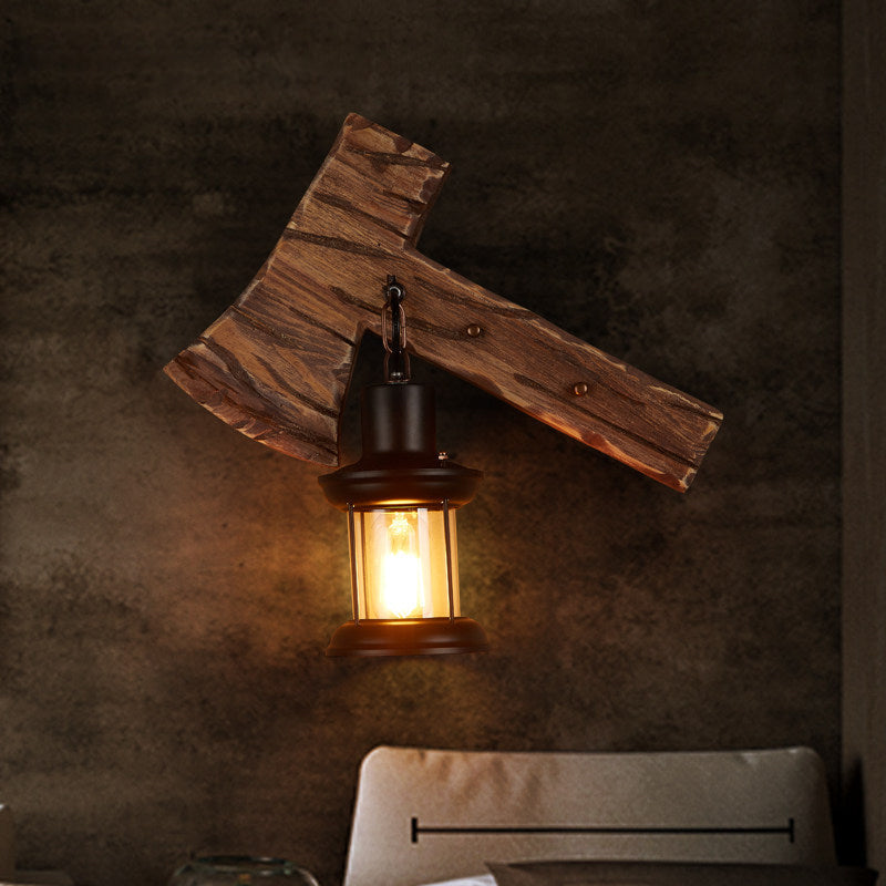 Lisslune | Oval/Fish-shaped Wooden Wall Sconce Light Rustic 1 Head Kitchen Wall-mounted Lamp with Candle/Lantern in Brown
