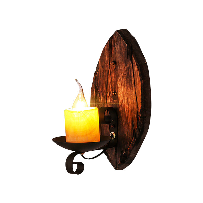 Lisslune | Oval/Fish-shaped Wooden Wall Sconce Light Rustic 1 Head Kitchen Wall-mounted Lamp with Candle/Lantern in Brown