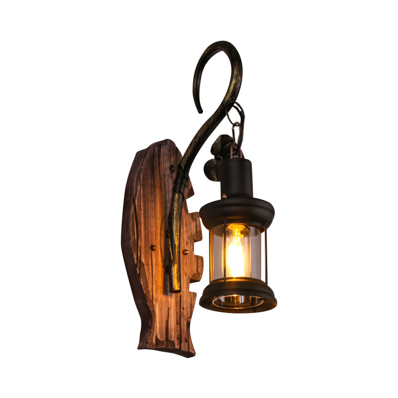 Lisslune | Oval/Fish-shaped Wooden Wall Sconce Light Rustic 1 Head Kitchen Wall-mounted Lamp with Candle/Lantern in Brown