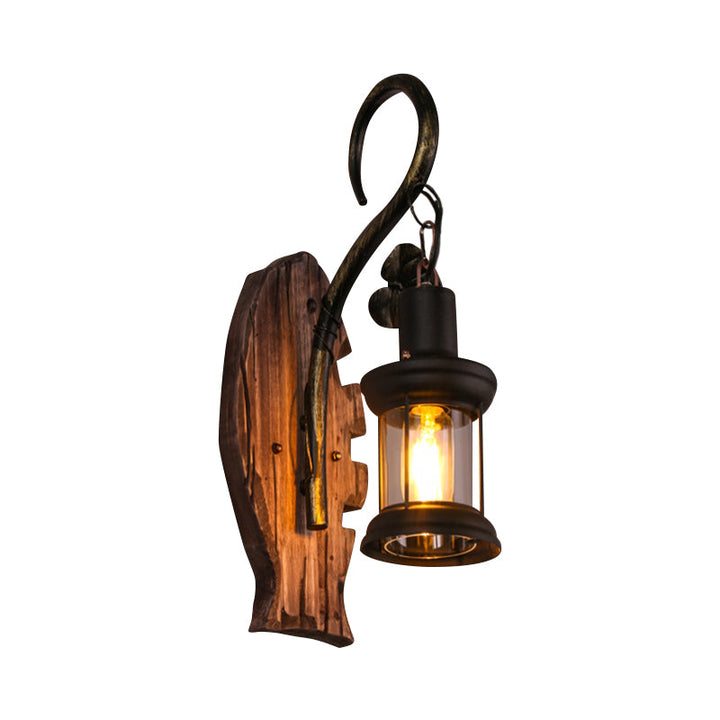 Lisslune | Oval/Fish-shaped Wooden Wall Sconce Light Rustic 1 Head Kitchen Wall-mounted Lamp with Candle/Lantern in Brown