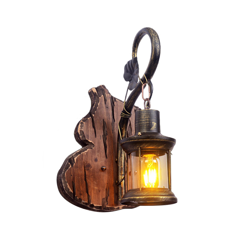 Lisslune | Oval/Fish-shaped Wooden Wall Sconce Light Rustic 1 Head Kitchen Wall-mounted Lamp with Candle/Lantern in Brown
