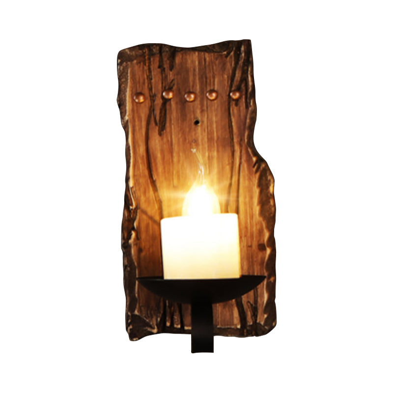 Lisslune | Oval/Fish-shaped Wooden Wall Sconce Light Rustic 1 Head Kitchen Wall-mounted Lamp with Candle/Lantern in Brown