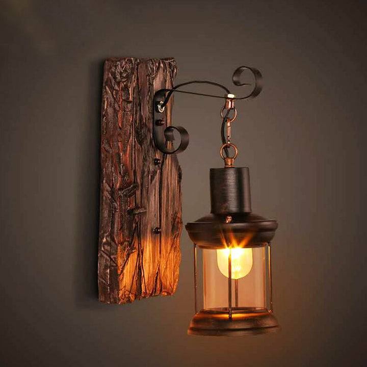 Lisslune | Brown Lantern Wall Hanging Lamp Nautical Wood Single Bulb Bistro Wall Mounted Lighting Fixture