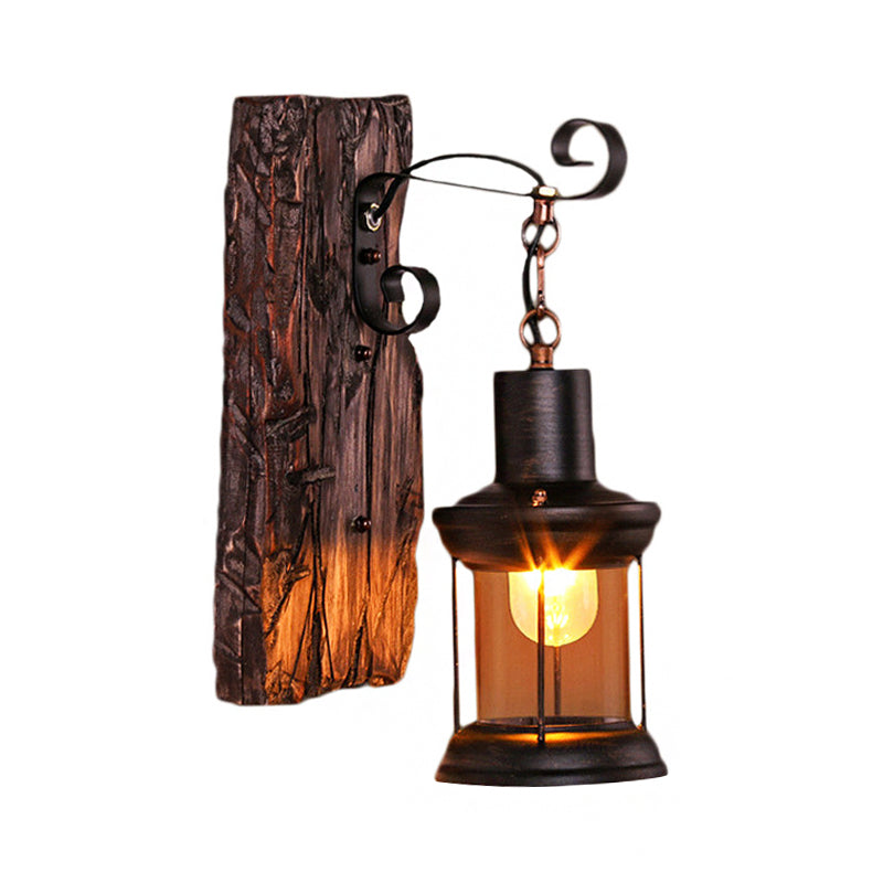 Lisslune | Brown Lantern Wall Hanging Lamp Nautical Wood Single Bulb Bistro Wall Mounted Lighting Fixture