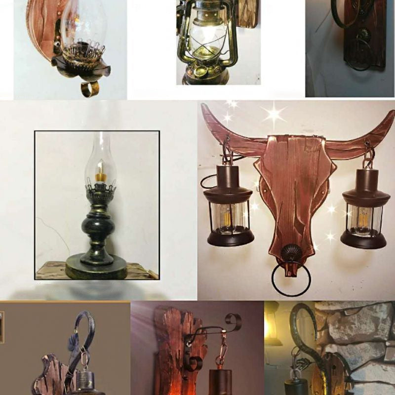 Lisslune | 1/2-Light Clear Glass Wall Lamp Rustic Brown Lantern/Kerosene Kitchen Wall Mount Light with Ox/Oval Wooden Backplate