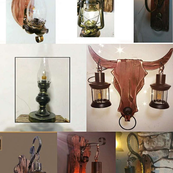 Lisslune | 1/2-Light Clear Glass Wall Lamp Rustic Brown Lantern/Kerosene Kitchen Wall Mount Light with Ox/Oval Wooden Backplate