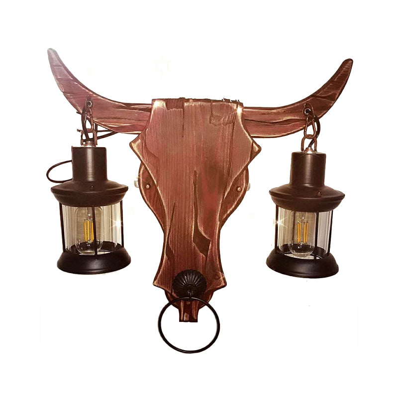 Lisslune | 1/2-Light Clear Glass Wall Lamp Rustic Brown Lantern/Kerosene Kitchen Wall Mount Light with Ox/Oval Wooden Backplate