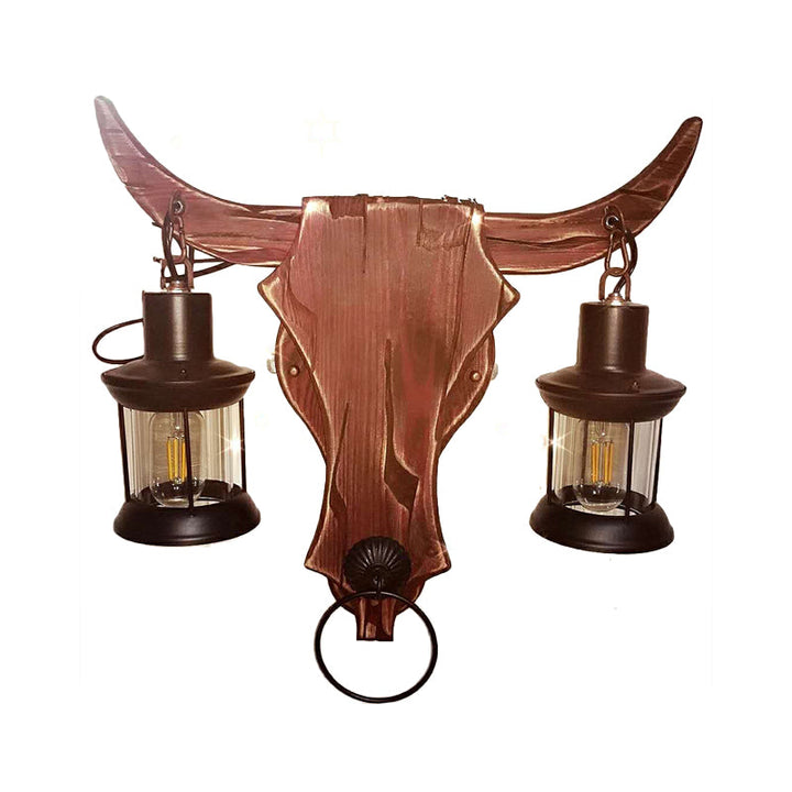 Lisslune | 1/2-Light Clear Glass Wall Lamp Rustic Brown Lantern/Kerosene Kitchen Wall Mount Light with Ox/Oval Wooden Backplate