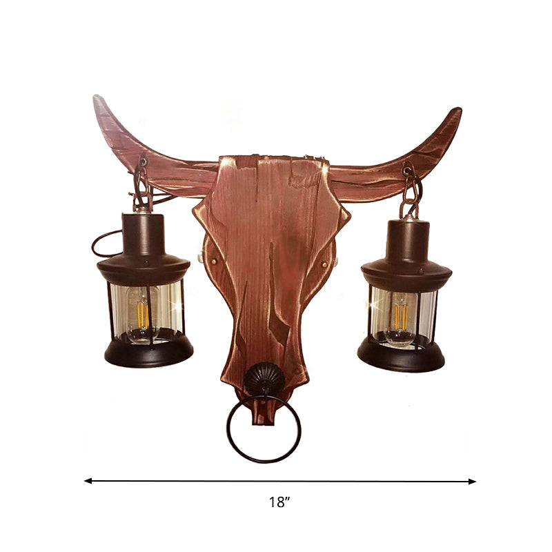 Lisslune | 1/2-Light Clear Glass Wall Lamp Rustic Brown Lantern/Kerosene Kitchen Wall Mount Light with Ox/Oval Wooden Backplate