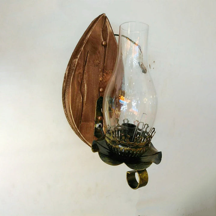 Lisslune | 1/2-Light Clear Glass Wall Lamp Rustic Brown Lantern/Kerosene Kitchen Wall Mount Light with Ox/Oval Wooden Backplate