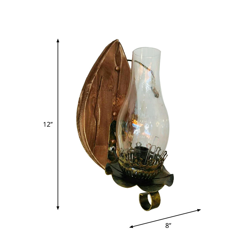 Lisslune | 1/2-Light Clear Glass Wall Lamp Rustic Brown Lantern/Kerosene Kitchen Wall Mount Light with Ox/Oval Wooden Backplate