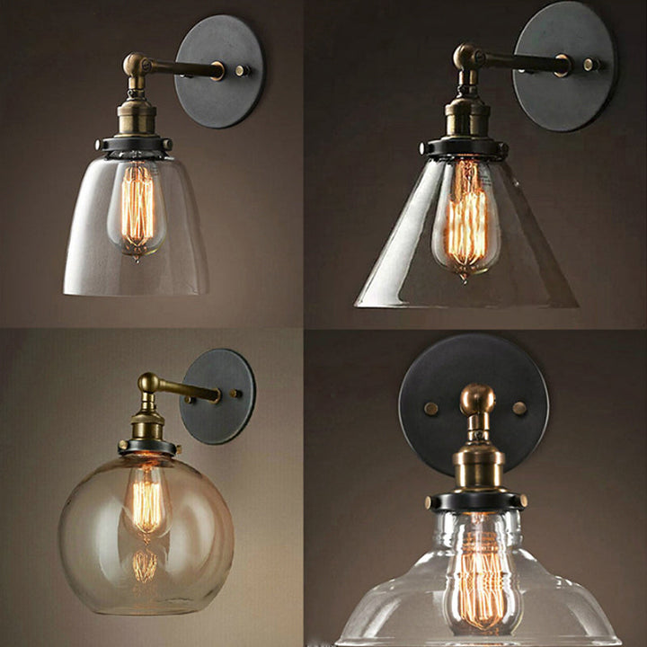 Skørter | Clear Glass Sphere/Cone Wall Light Kit Industrial 1 Light Kitchen Wall Lamp with Adjustable Joint in Black-Brass