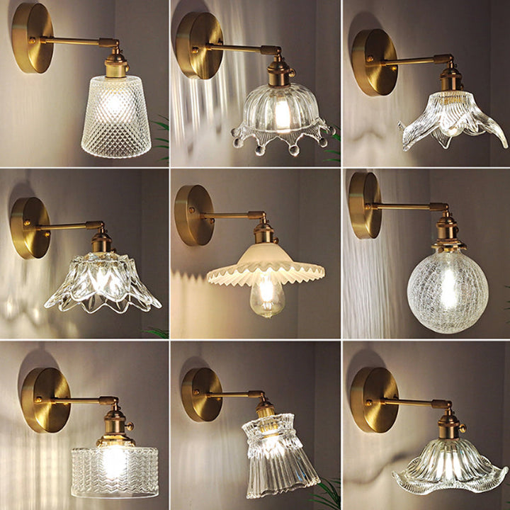Skørter | Iron Brass Finish Wall Reading Light Swing Arm 1-Light Industrial Wall Mounted Lamp with Flower/Bowl Clear Glass Shade