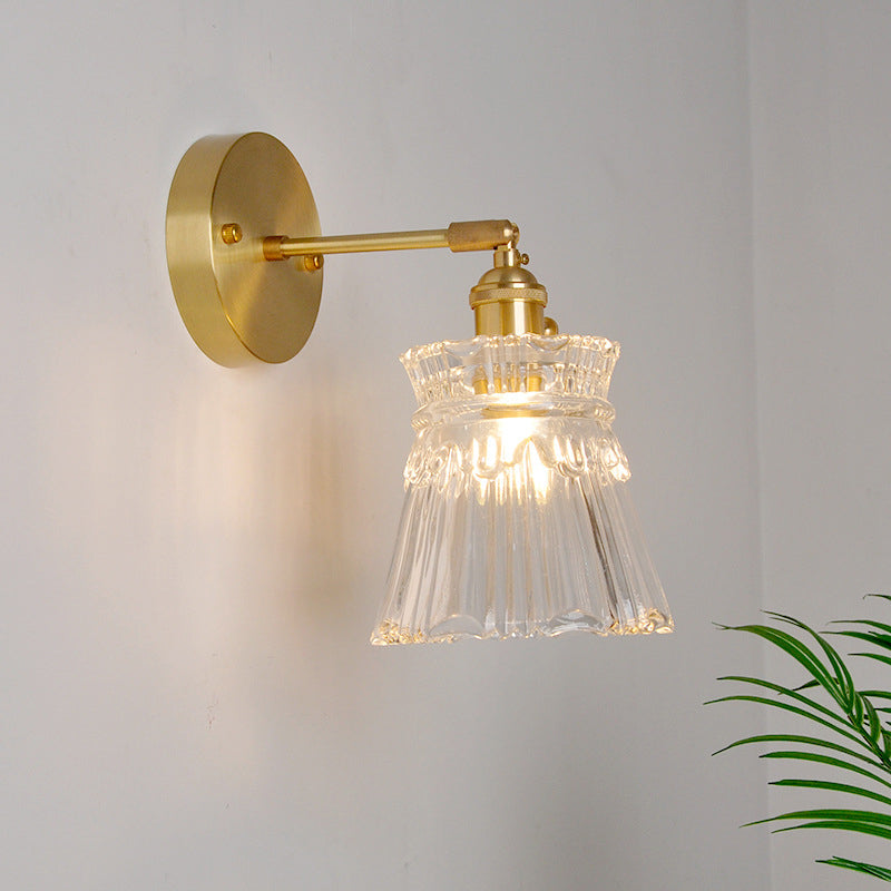 Skørter | Iron Brass Finish Wall Reading Light Swing Arm 1-Light Industrial Wall Mounted Lamp with Flower/Bowl Clear Glass Shade