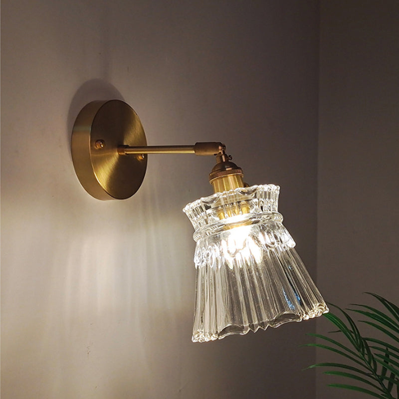 Skørter | Iron Brass Finish Wall Reading Light Swing Arm 1-Light Industrial Wall Mounted Lamp with Flower/Bowl Clear Glass Shade