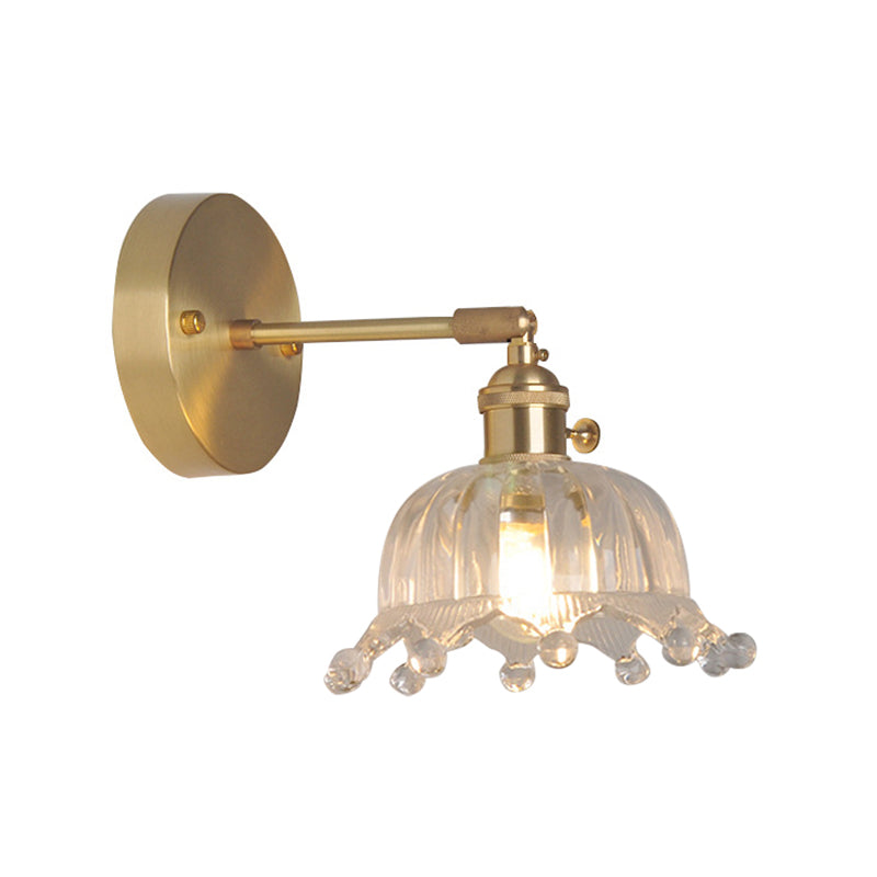 Skørter | Iron Brass Finish Wall Reading Light Swing Arm 1-Light Industrial Wall Mounted Lamp with Flower/Bowl Clear Glass Shade