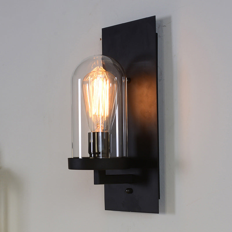 Skørter | Black Rectangular Wall Lighting Sconces Retro Metal 1 Head Foyer Wall Light with Cloche Clear Glass Shade