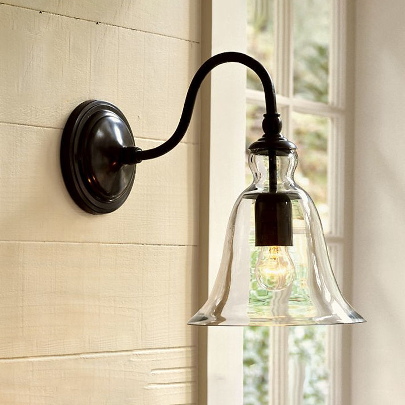 Skørter | Vintage Gooseneck Wall Mount Light Single-Bulb Clear Tapered Glass Wall Fixture in Black