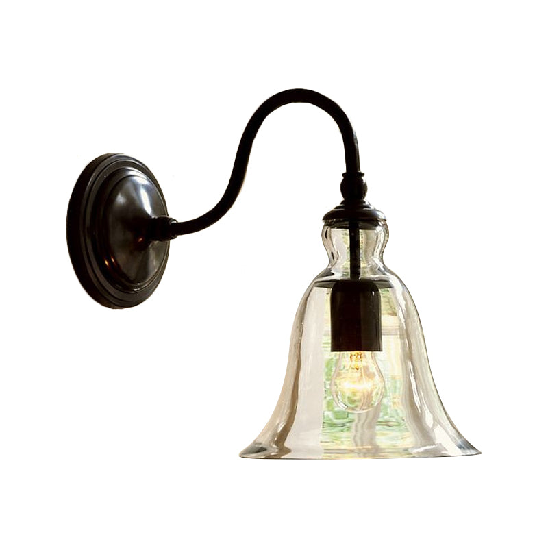 Skørter | Vintage Gooseneck Wall Mount Light Single-Bulb Clear Tapered Glass Wall Fixture in Black