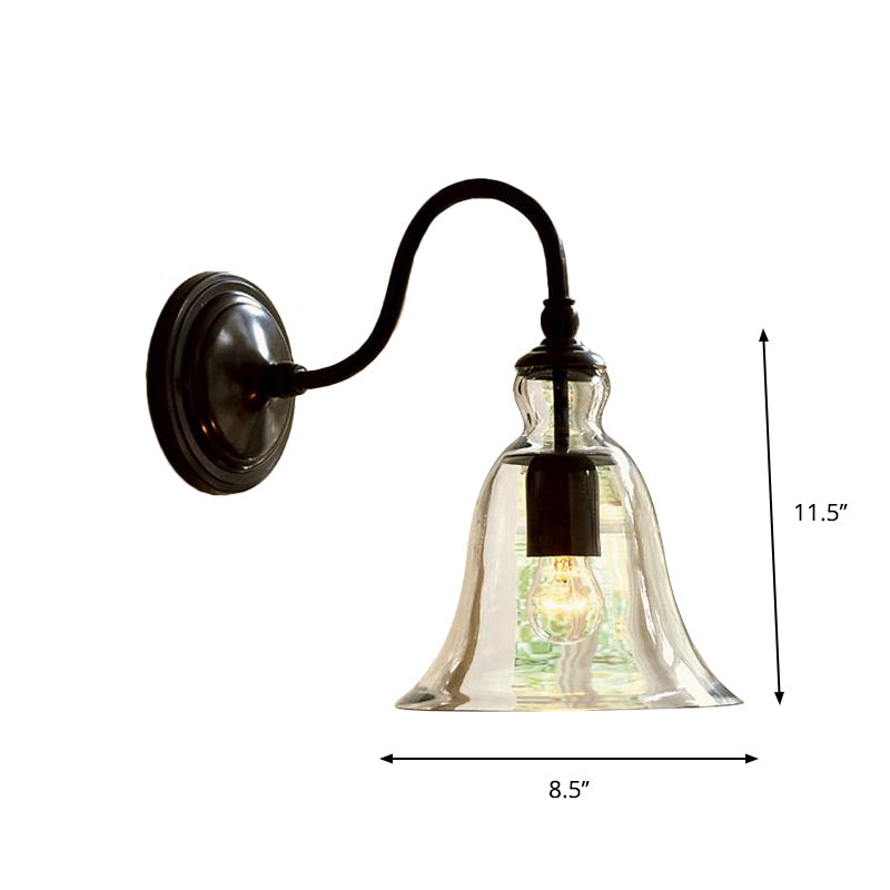 Skørter | Vintage Gooseneck Wall Mount Light Single-Bulb Clear Tapered Glass Wall Fixture in Black