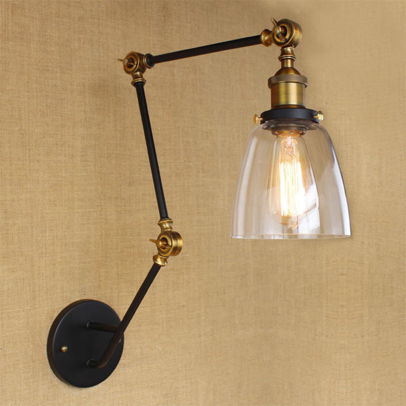 Lisslune | Adjustable 3-Joint Arm Iron Wall Lamp Industry 1 Head Bedroom Wall Reading Light with Globe/Saucer Clear Glass Shade