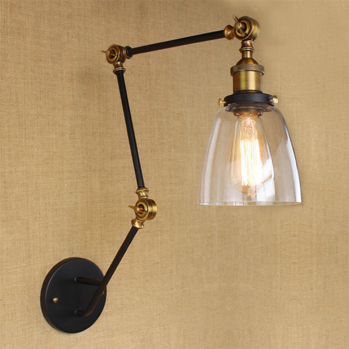 Lisslune | Adjustable 3-Joint Arm Iron Wall Lamp Industry 1 Head Bedroom Wall Reading Light with Globe/Saucer Clear Glass Shade