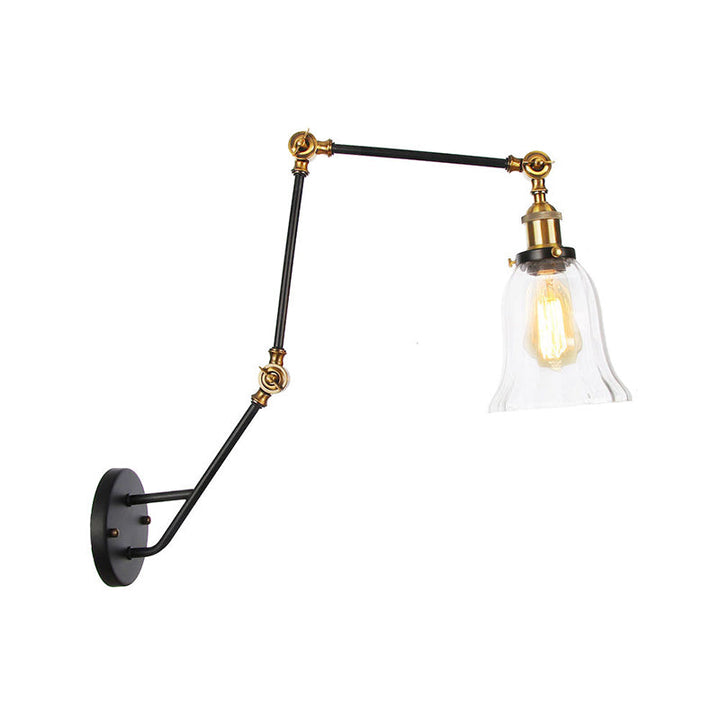 Lisslune | Adjustable 3-Joint Arm Iron Wall Lamp Industry 1 Head Bedroom Wall Reading Light with Globe/Saucer Clear Glass Shade
