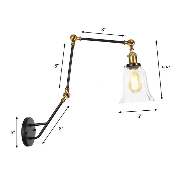 Lisslune | Adjustable 3-Joint Arm Iron Wall Lamp Industry 1 Head Bedroom Wall Reading Light with Globe/Saucer Clear Glass Shade
