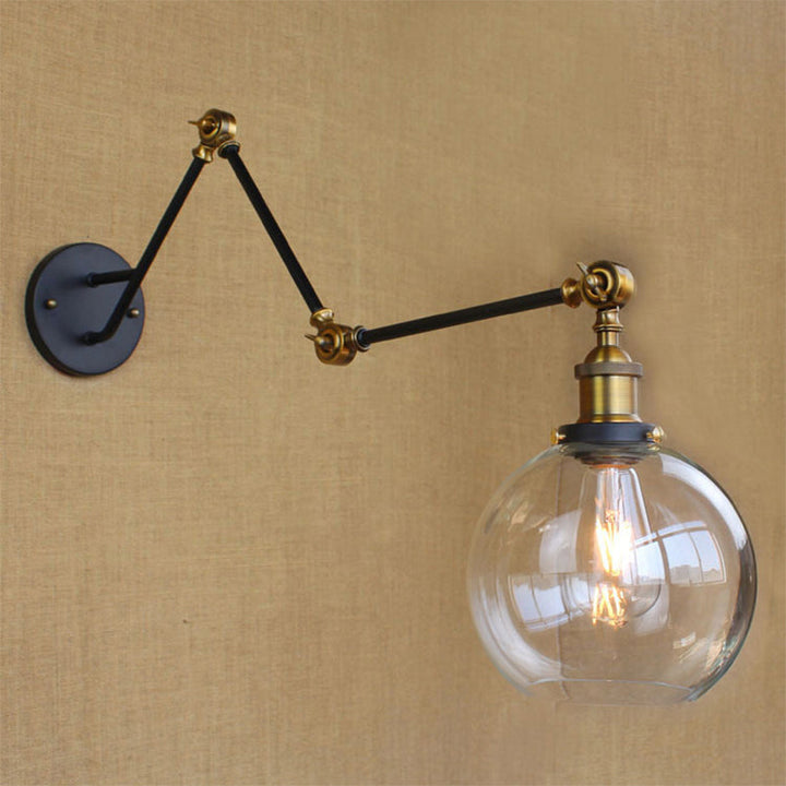 Lisslune | Adjustable 3-Joint Arm Iron Wall Lamp Industry 1 Head Bedroom Wall Reading Light with Globe/Saucer Clear Glass Shade