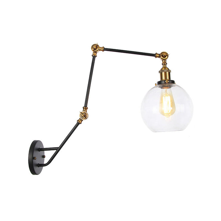 Lisslune | Adjustable 3-Joint Arm Iron Wall Lamp Industry 1 Head Bedroom Wall Reading Light with Globe/Saucer Clear Glass Shade