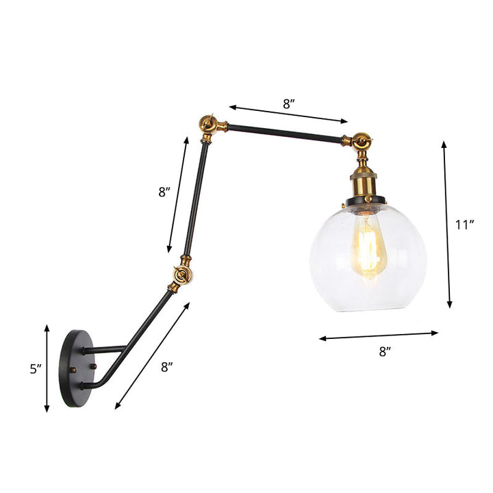 Lisslune | Adjustable 3-Joint Arm Iron Wall Lamp Industry 1 Head Bedroom Wall Reading Light with Globe/Saucer Clear Glass Shade
