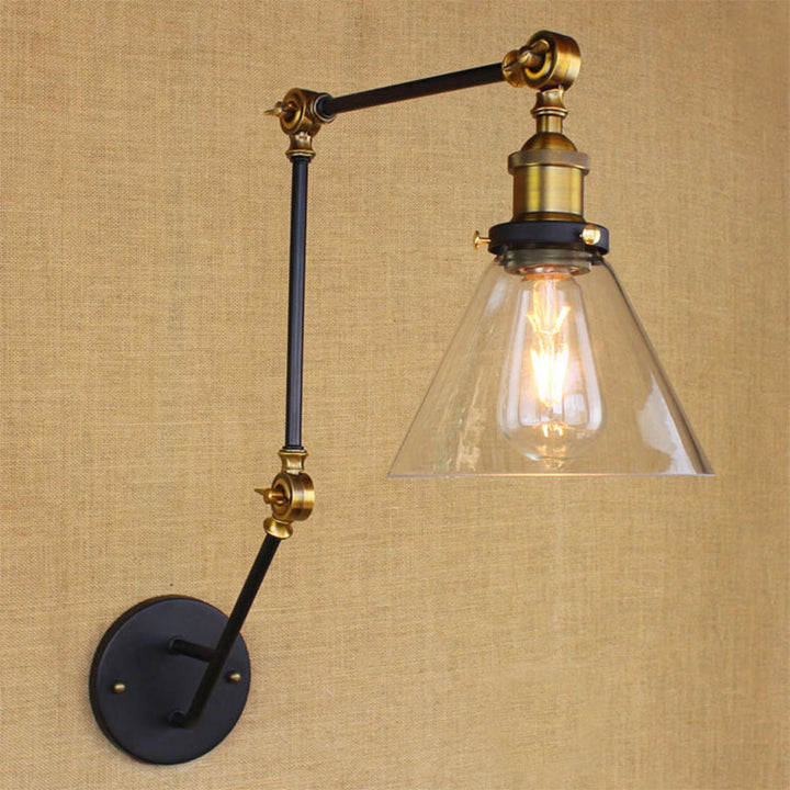 Lisslune | Adjustable 3-Joint Arm Iron Wall Lamp Industry 1 Head Bedroom Wall Reading Light with Globe/Saucer Clear Glass Shade