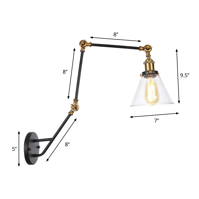 Lisslune | Adjustable 3-Joint Arm Iron Wall Lamp Industry 1 Head Bedroom Wall Reading Light with Globe/Saucer Clear Glass Shade