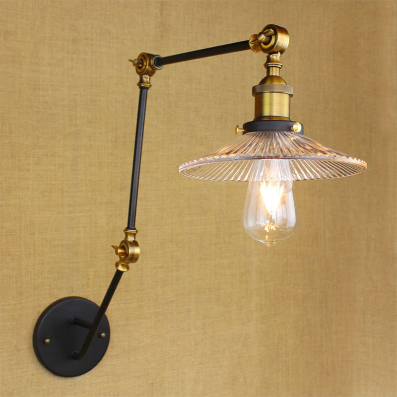 Lisslune | Adjustable 3-Joint Arm Iron Wall Lamp Industry 1 Head Bedroom Wall Reading Light with Globe/Saucer Clear Glass Shade