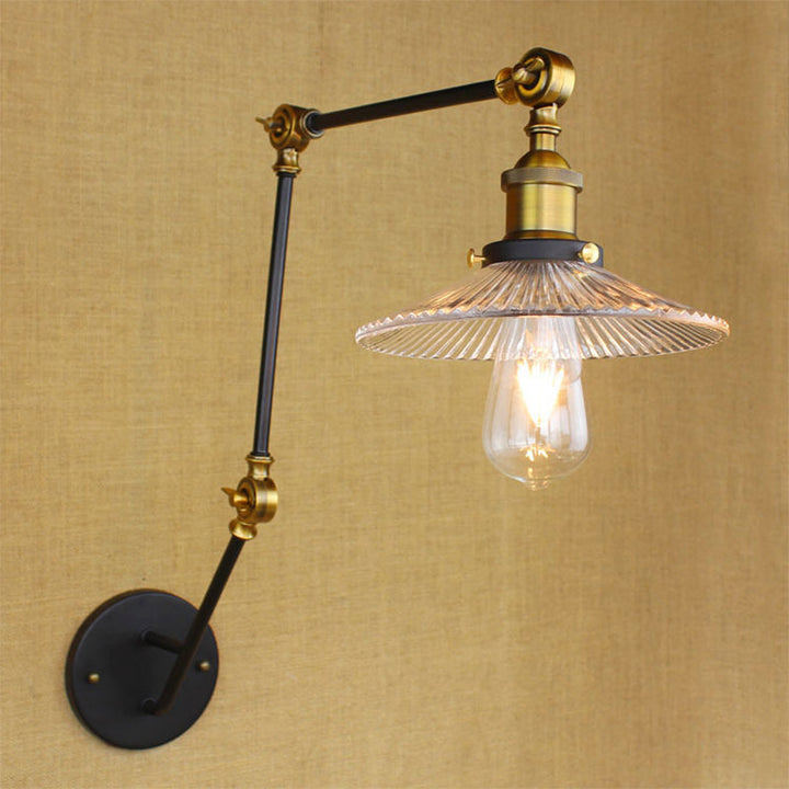 Lisslune | Adjustable 3-Joint Arm Iron Wall Lamp Industry 1 Head Bedroom Wall Reading Light with Globe/Saucer Clear Glass Shade