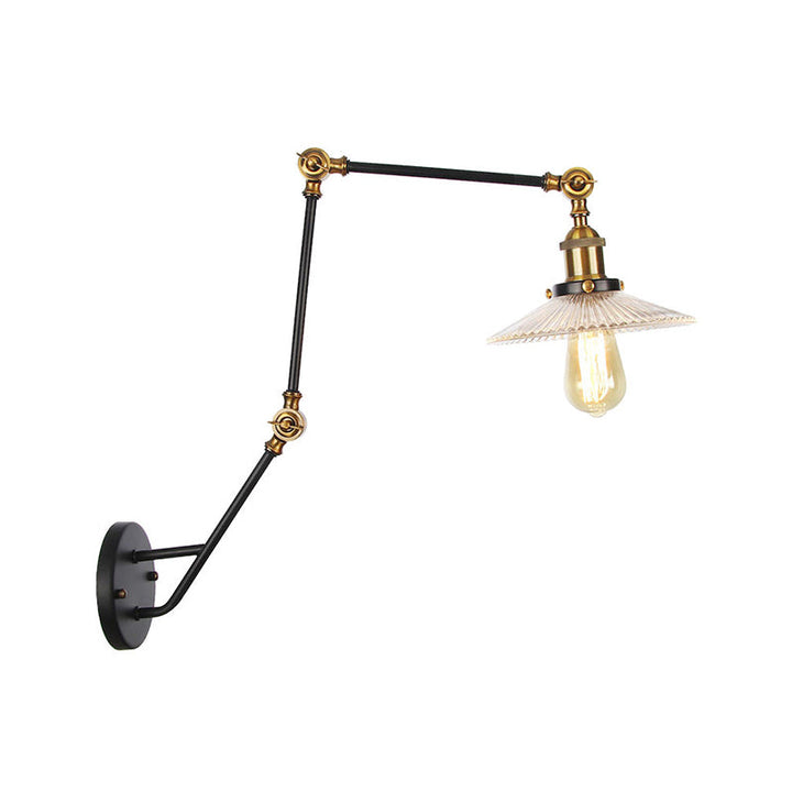 Lisslune | Adjustable 3-Joint Arm Iron Wall Lamp Industry 1 Head Bedroom Wall Reading Light with Globe/Saucer Clear Glass Shade
