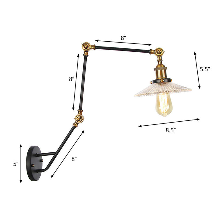 Lisslune | Adjustable 3-Joint Arm Iron Wall Lamp Industry 1 Head Bedroom Wall Reading Light with Globe/Saucer Clear Glass Shade