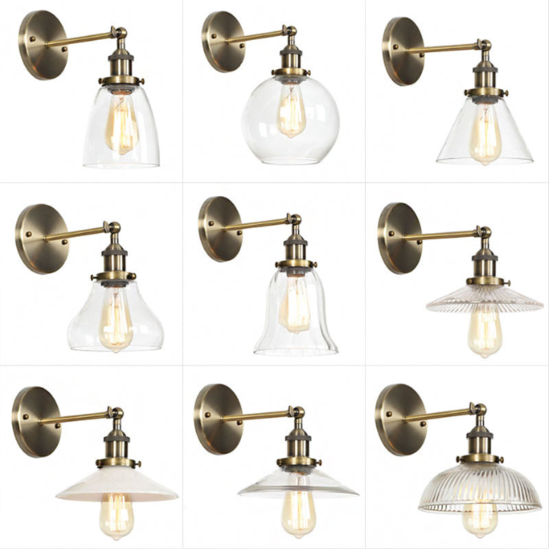 Lisslune | Brass Cone/Bell Swing Shade Wall Lamp Industrial Clear Glass Single Dining Room Wall Mount Light