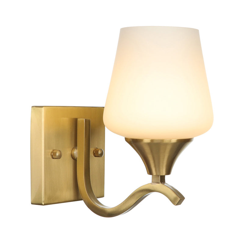Lisslune | Brass 1-Light Wall Lamp Fixture Antique Frosted White Glass Tulip Shade/Cylinder Wall Mount Light with Arm
