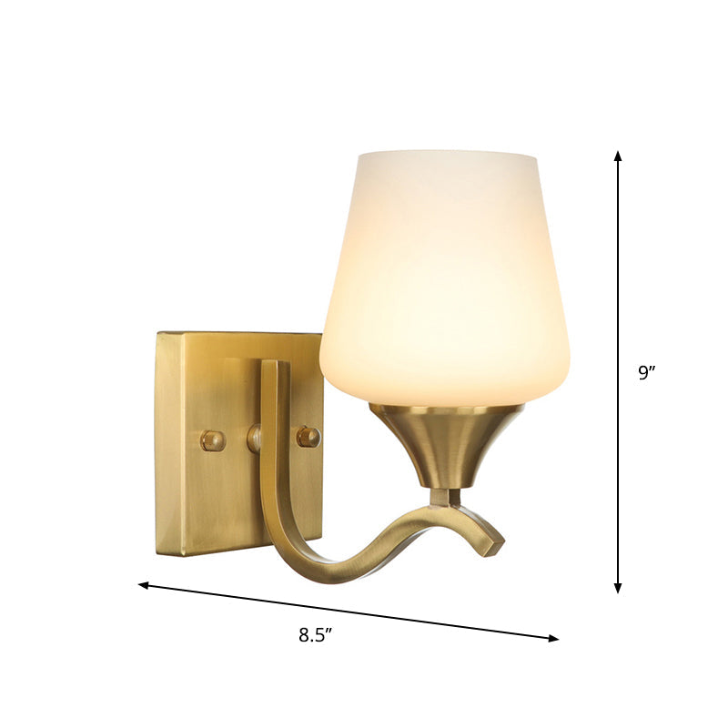 Lisslune | Brass 1-Light Wall Lamp Fixture Antique Frosted White Glass Tulip Shade/Cylinder Wall Mount Light with Arm