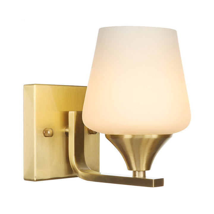 Lisslune | Brass 1-Light Wall Lamp Fixture Antique Frosted White Glass Tulip Shade/Cylinder Wall Mount Light with Arm