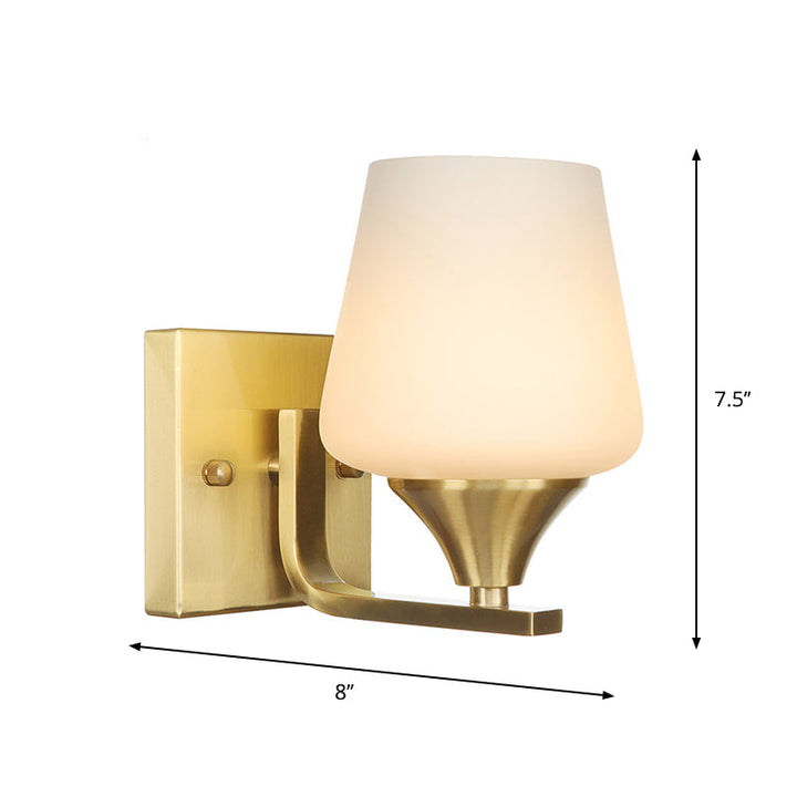 Lisslune | Brass 1-Light Wall Lamp Fixture Antique Frosted White Glass Tulip Shade/Cylinder Wall Mount Light with Arm