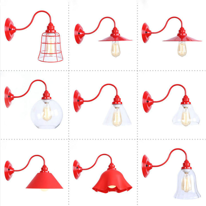 Lisslune | Iron Red Wall Lighting Kit Gooseneck 1 Bulb Loft Style Wall Lighting with Cone/Sphere/Bell Clear Glass Shade