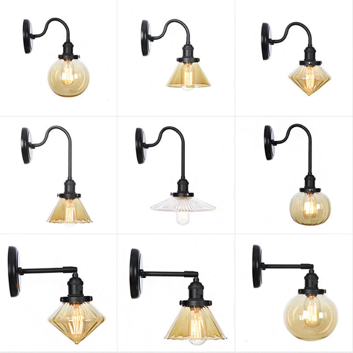 Skørter | 1-Light Gooseneck Wall Lamp Vintage Kitchen Wall Mounted Light with Ball/Diamond/Cone Clear/Amber Glass Shade in Black