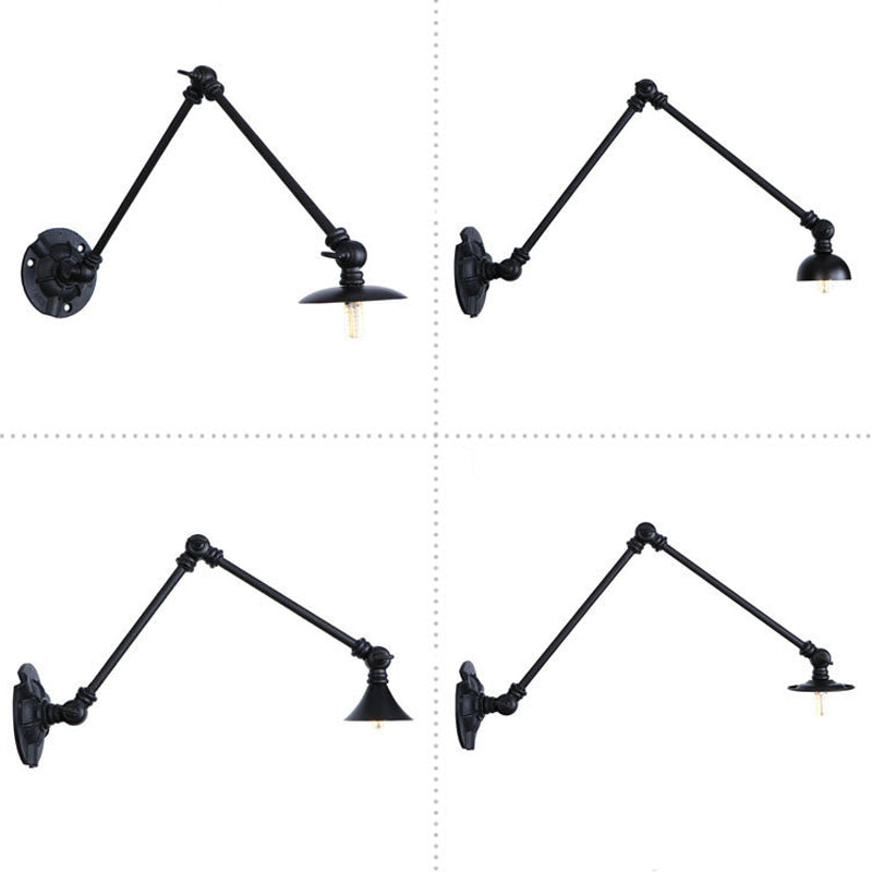 Skørter | Adjustable 2-arm iron wall lamp Warehouse 1-light studio task wall lamp with disc shade in black, 4"/12"/19.5" long